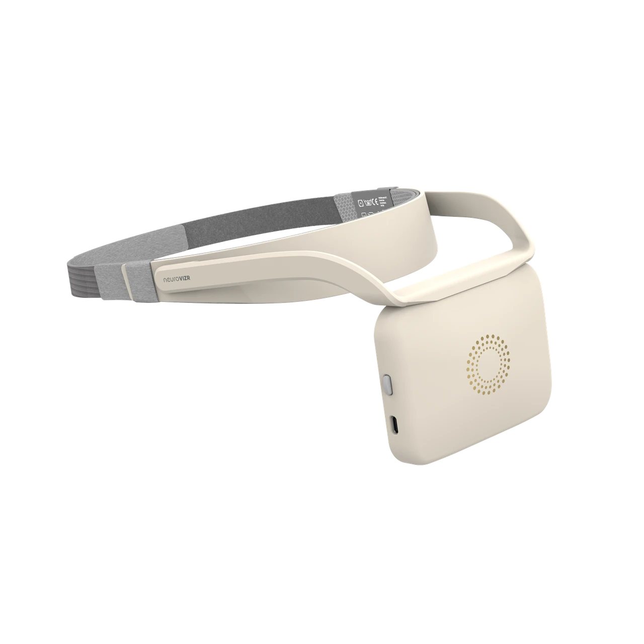 Render do headset NeuroVIZR The Original, com faixa de cabeça e módulo Lightbox, em vista tridimensional.